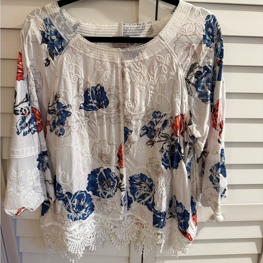 Chico's White Blouse with Blue and Red Floral Design